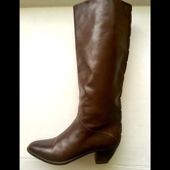 Italian leather boots mid calf slouchy brown soft leather block heel almond toe - Picture 7 of 14